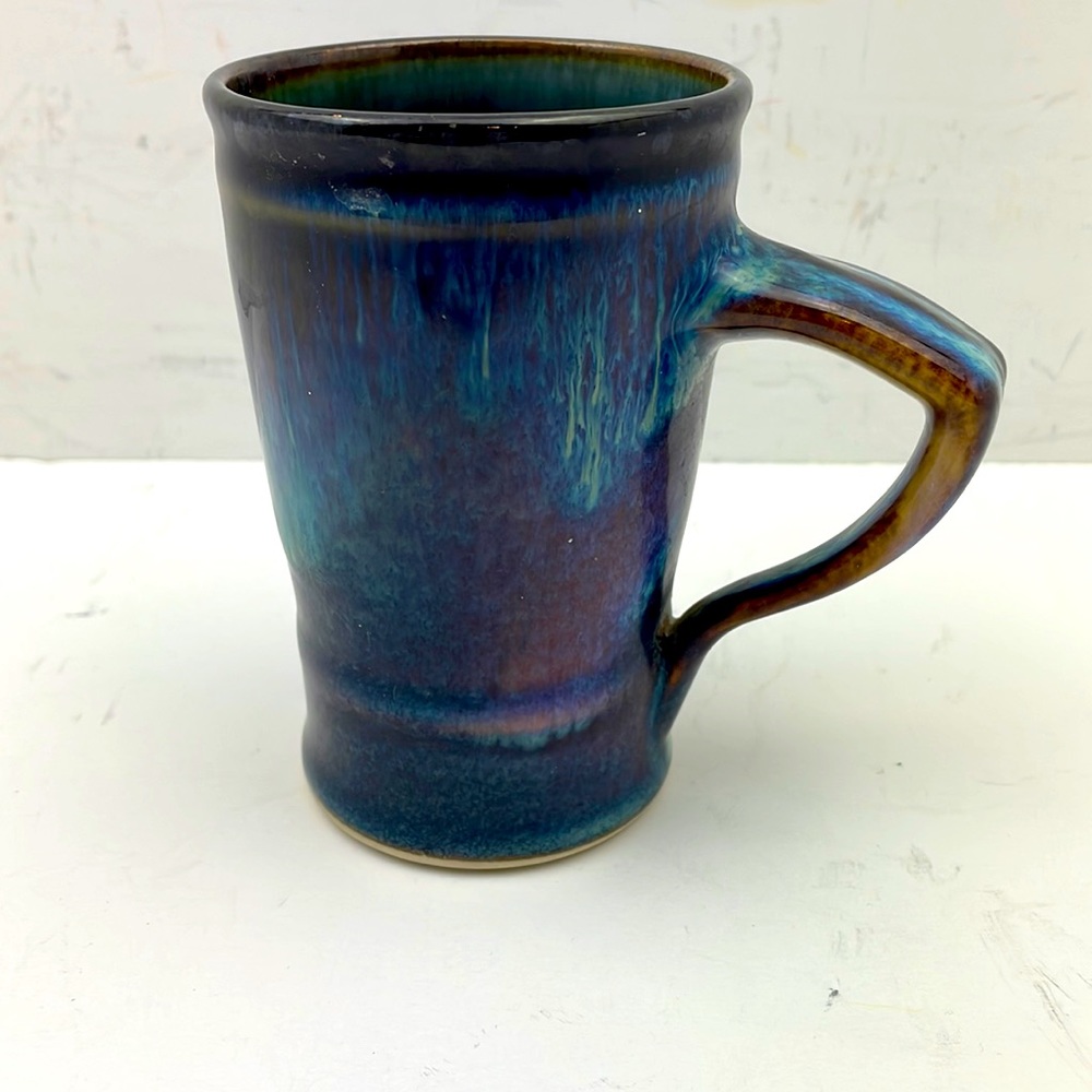 Vintage Unmarked Cobalt Blue Brown Glazed Pottery Mug